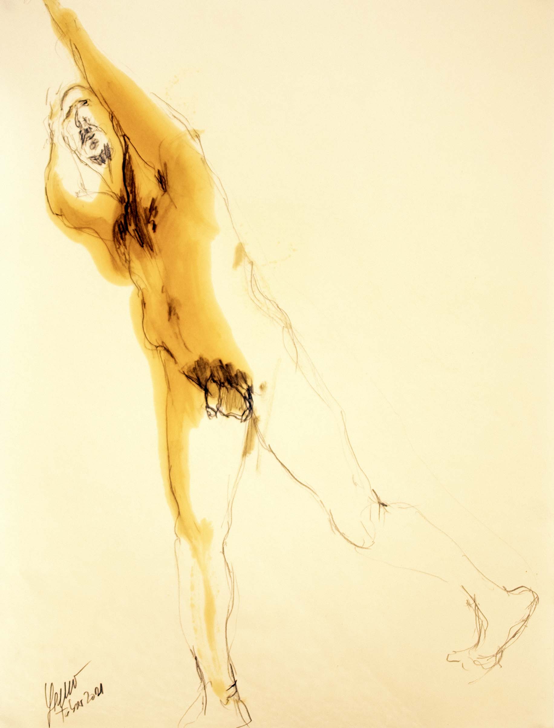 Home en extensió — Grafit i oli de llinosa sobre paper